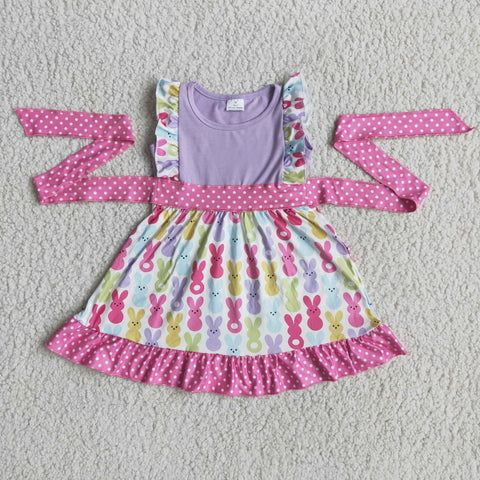 B11-21 Easter Pink Colorful Bunny Flutter Sleeve Dress