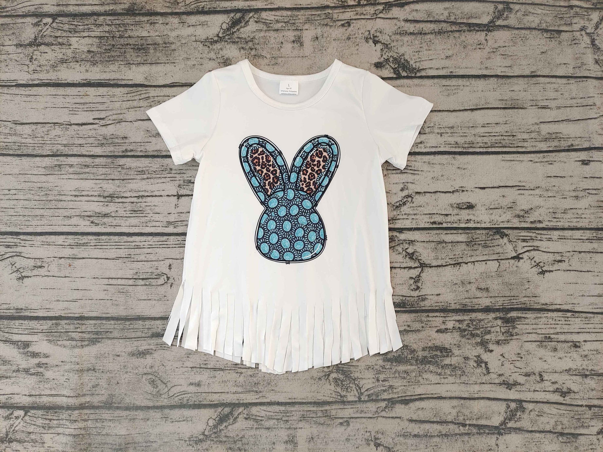 GT0136 Girls Gem Bunny White Tassel Short Sleeve Top
