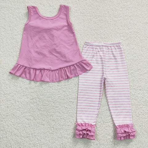 GSPO0507 Girls Pink Lace Striped Vest Trousers Set