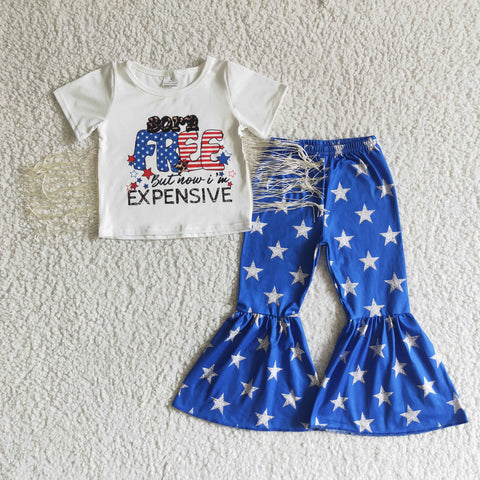NC0002 4th of July Tassel Baby Girls Short Sleeve and Bell Bottoms Pants Sets
