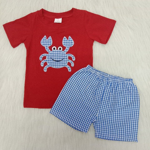 A11-4 Baby Boys Red Embroidery Crab Summer Shorts Sets