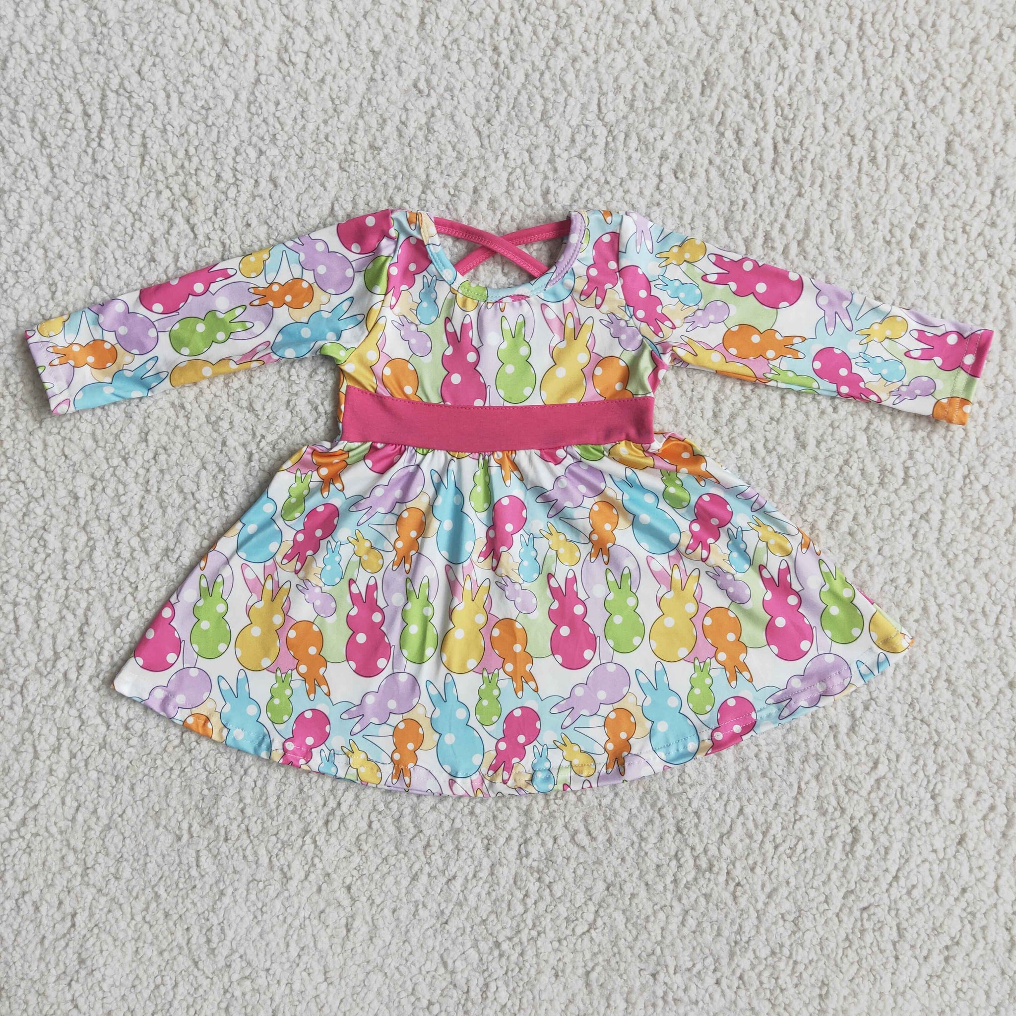 6 A18-1 Easter Pink Colorful Bunny Long Sleeve Dress
