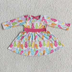 6 A18-1 Easter Pink Colorful Bunny Long Sleeve Dress