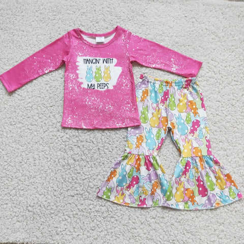 6 A0-2 Easter bleached Baby Girls Kids Pink Colorful Bunny Long and Bell Bottoms Sets