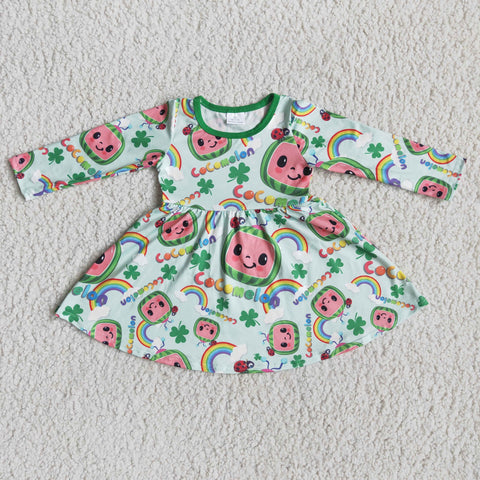 6 A11-26 St. Patrick's Day Green Clover Long Sleeve Dress