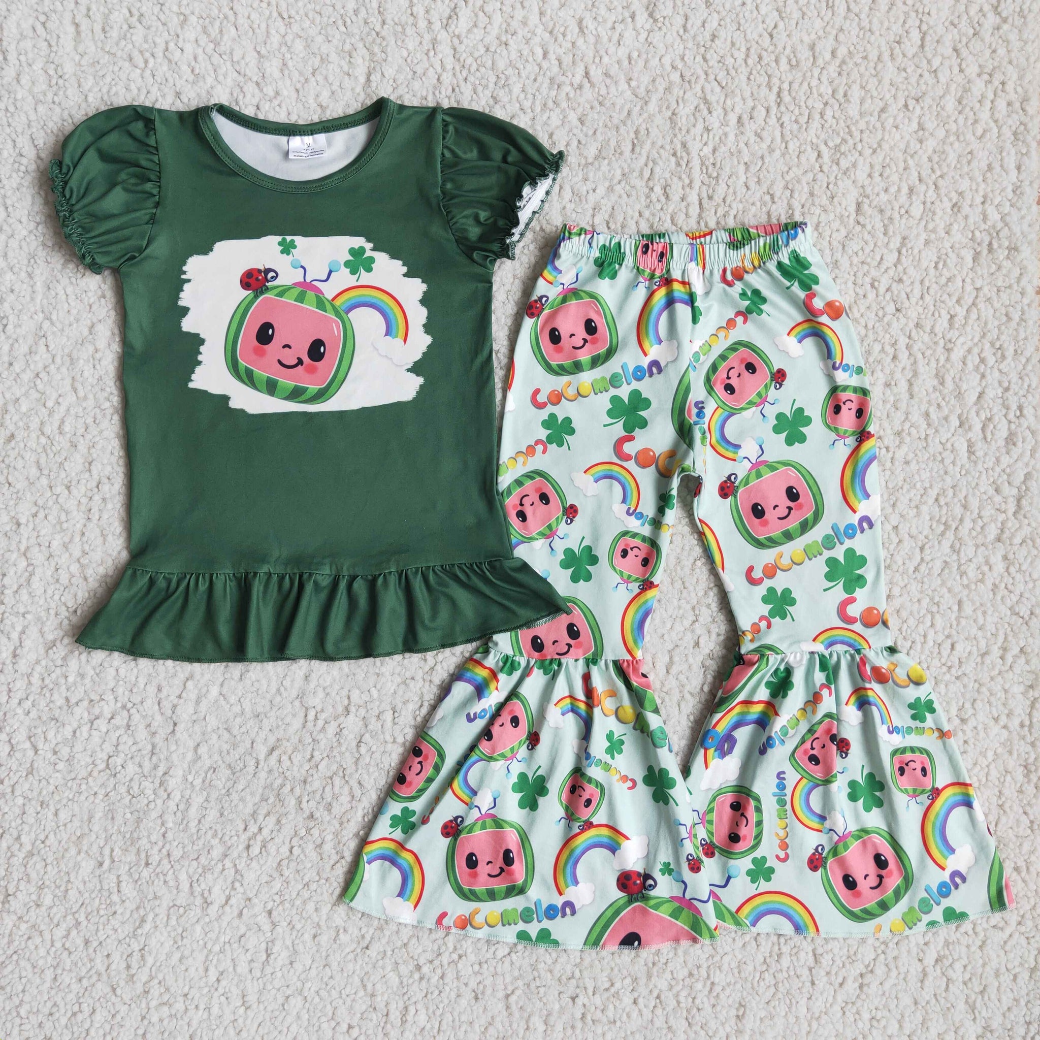 D9-2 St. Patrick's Day Green Clover toddler girls children bell bottoms sets