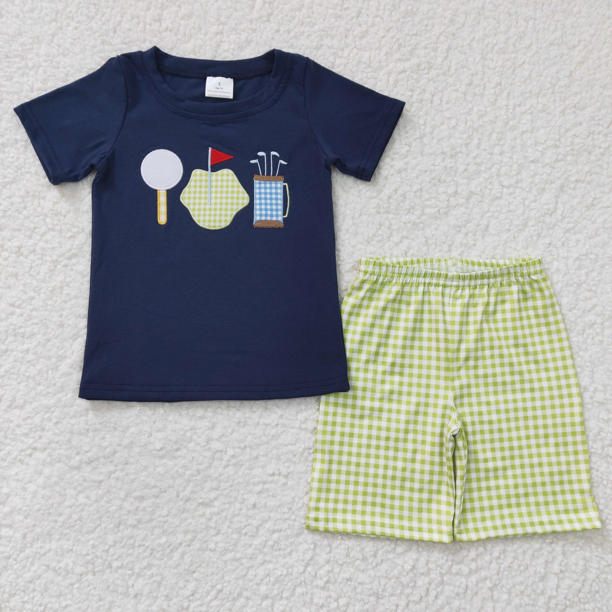 BSS00135 Baby Boys Embroidered Golf Blue Short Sleeve Green Plaid Shorts Set