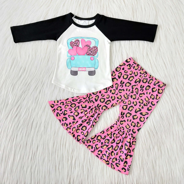 6 B7-24 Valentine's Day Long Sleeve and Pink Leopard Bell Bottoms Pants Sets