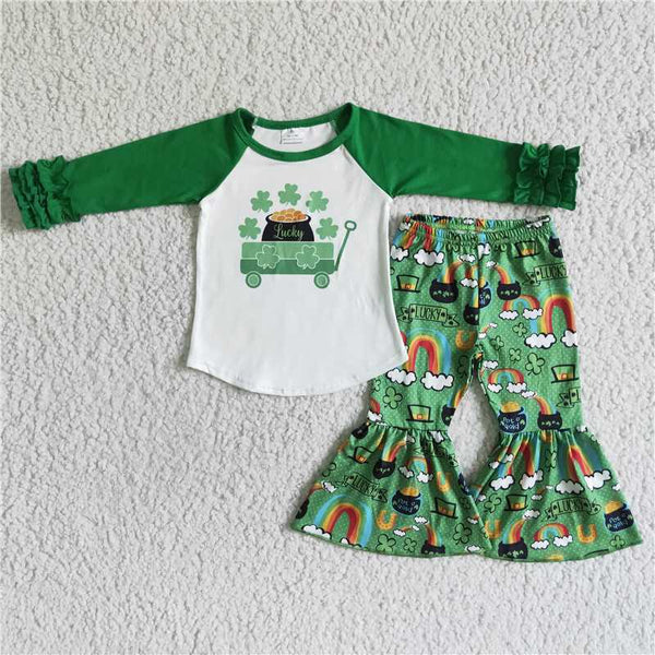 6 B10-1 St. Patrick's Day Green Clover Toddler Girls Ruffles Sleeve and Bell Bottoms Sets