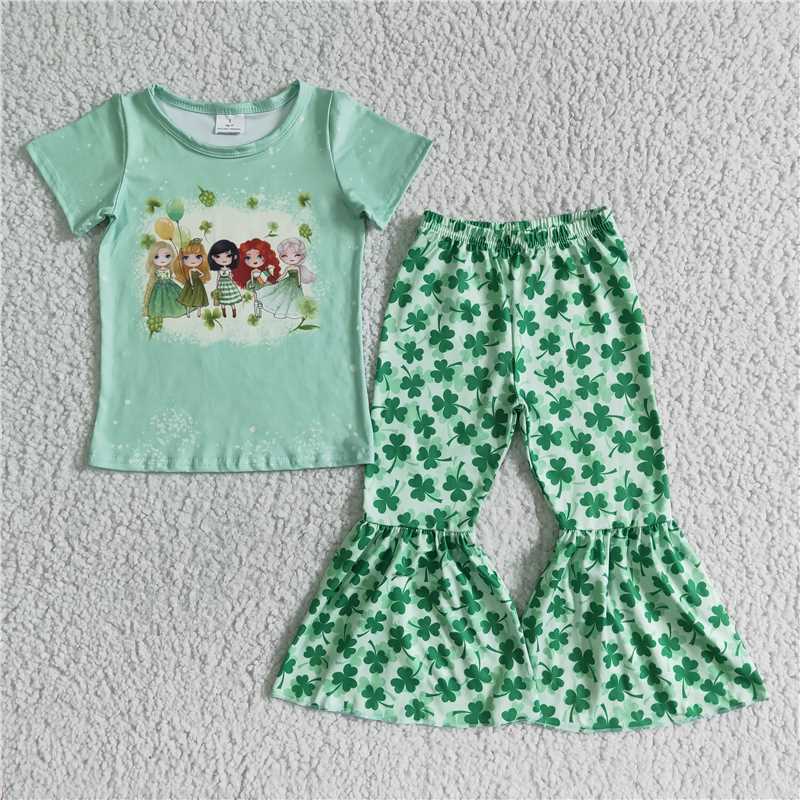 B10-2 St. Patrick's Day Green clover designer outfits toddler girls children bell bottoms sets