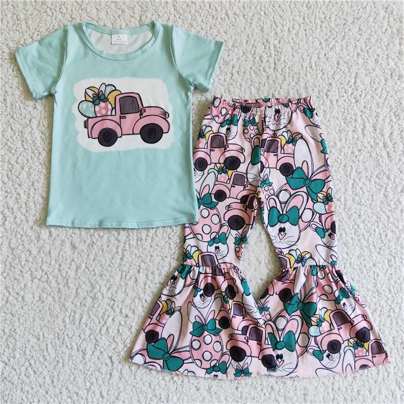 E10-14 Easter Blue Short Sleeve Flare Pants Set