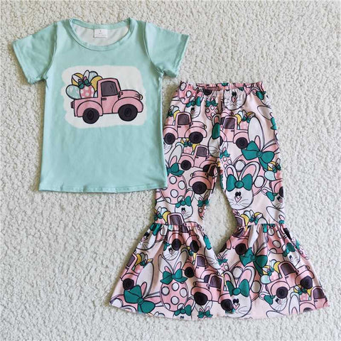 E10-14 Easter Blue Short Sleeve Flare Pants Set