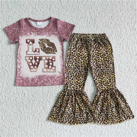 Aa-4 Baby Girls Love Short Sleeve and Leopard Bell Bottoms Pants Sets