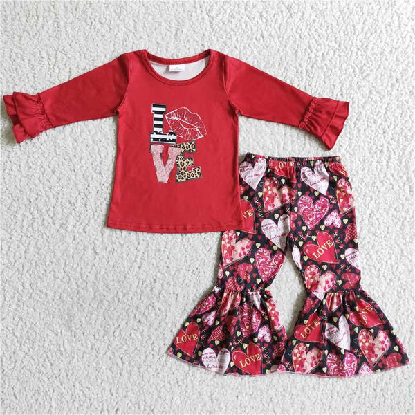 6 A2-14 LOVE Valentine's Day Heart Red Top Flared Pants