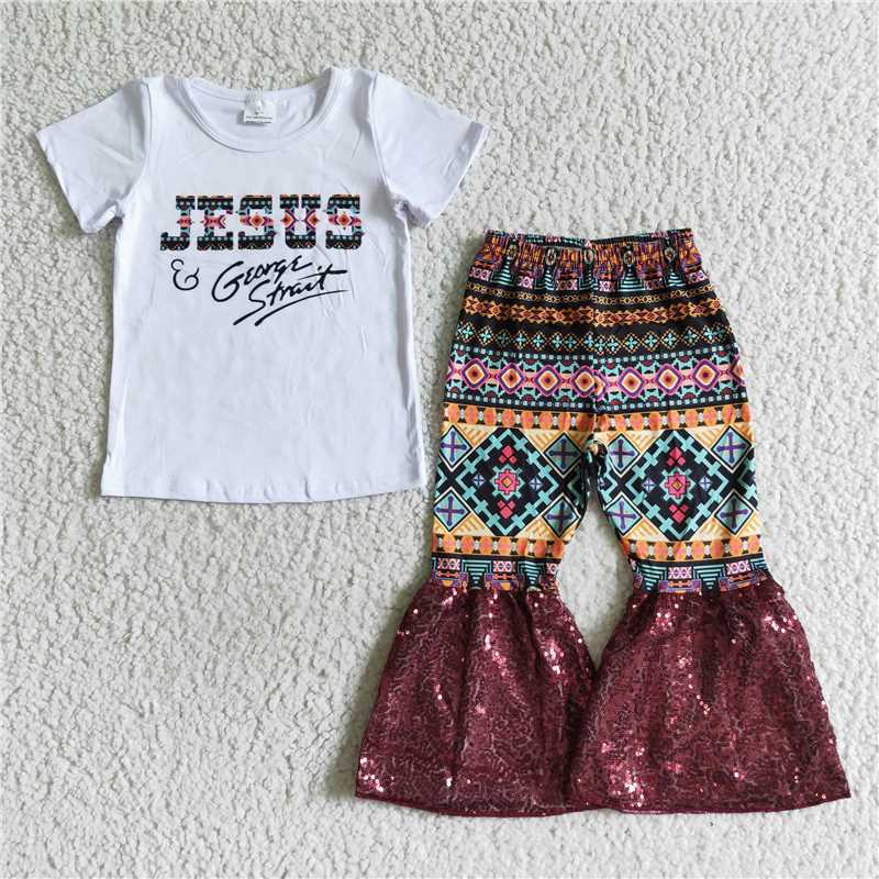 A3-9 Jesus Top + Red Sequined Bell pant set