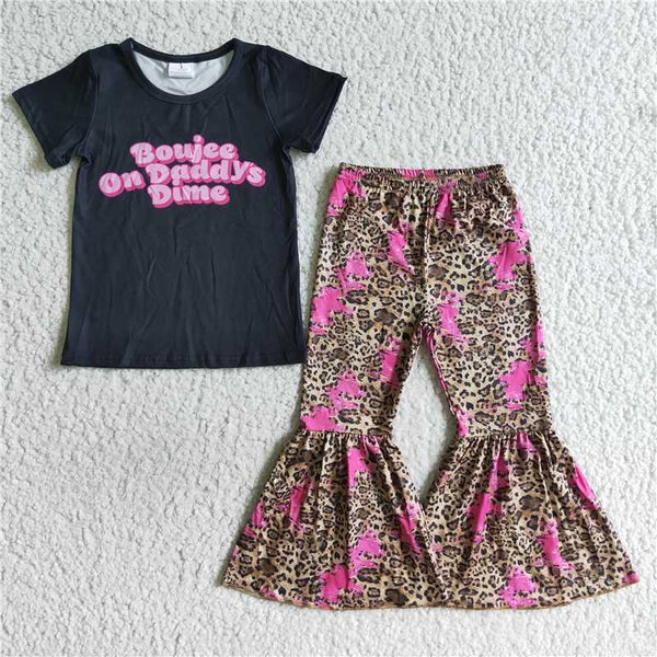 E4-16 Alphabet Black Short Sleeve Top Leopard Print Flared Pants Set