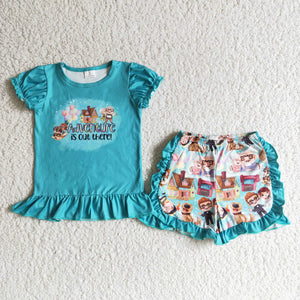 B12-25 Baby Girls Green Lantern Sleeve Ruffles Shorts Sets