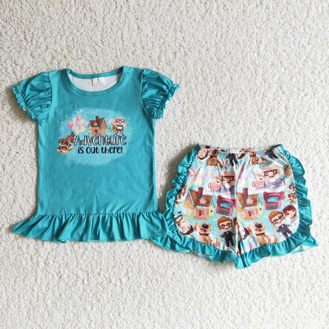 B12-25 Baby Girls Green Lantern Sleeve Ruffles Shorts Sets