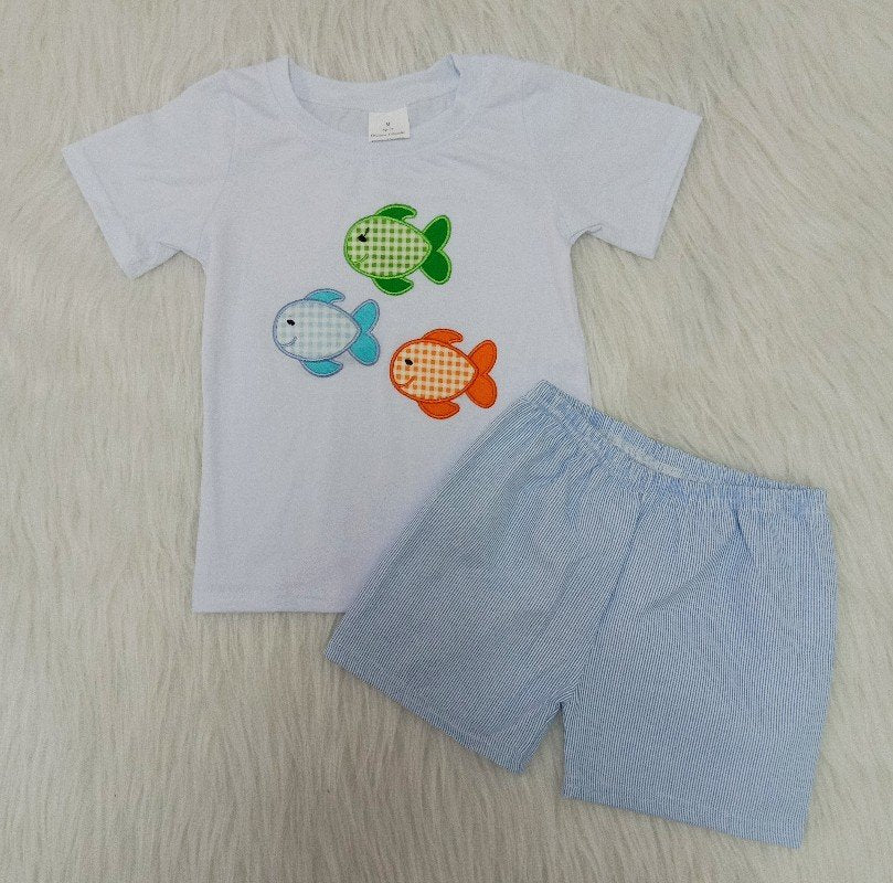 A6-14 Baby Boys Red Embroidery Fish Summer Shorts Sets