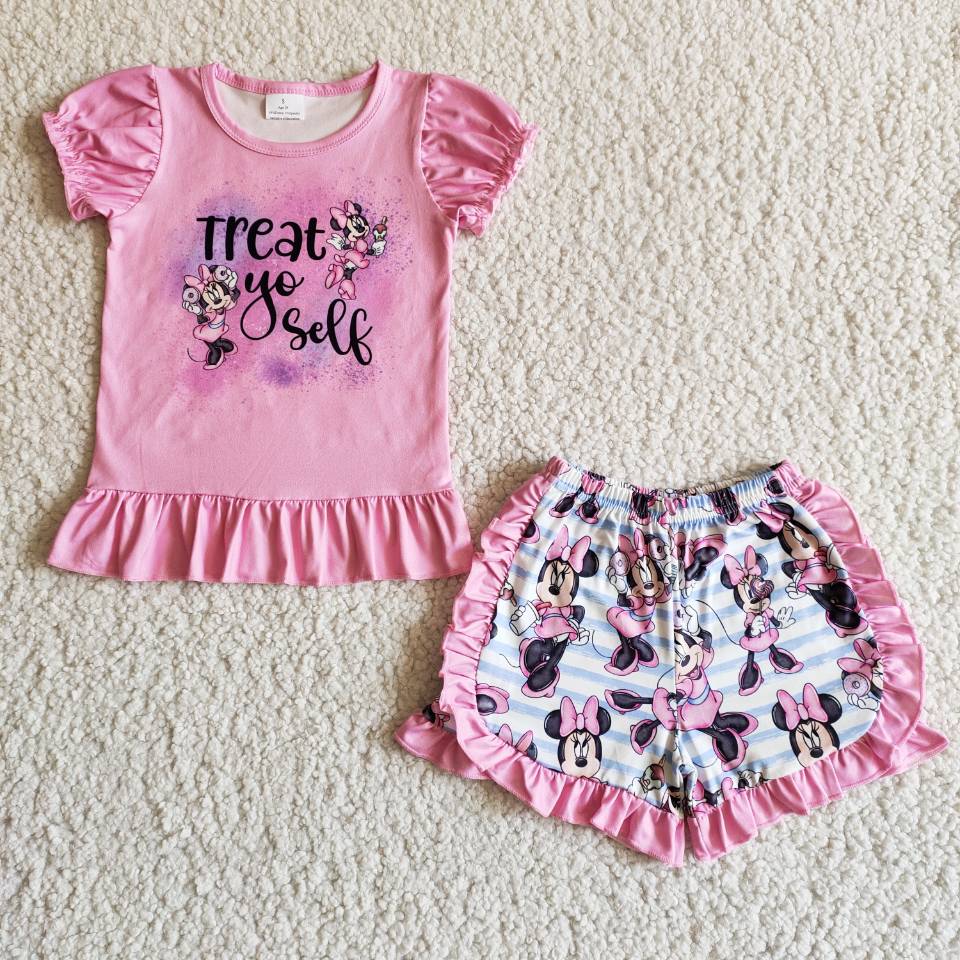 B7-12 Baby Girls Pink Lantern Sleeve Ruffles Shorts Sets