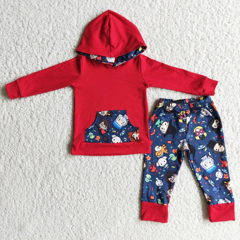 Boys Red Hoodies Long Sleeve and Long Pants Sets