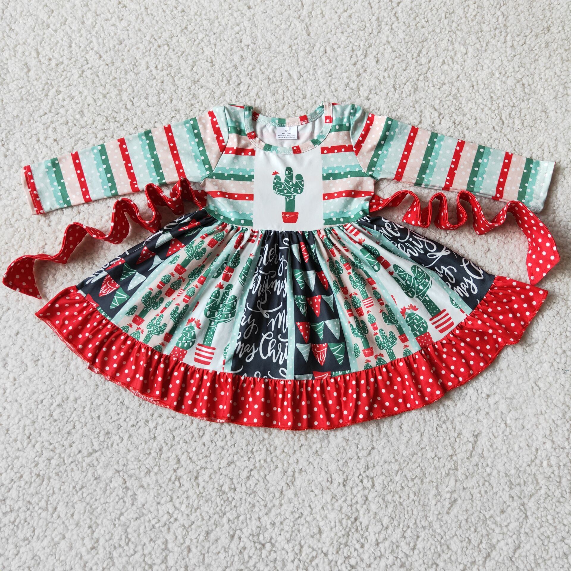 6 A8-20 Christmas Cactus Baby Girls Long Sleeve Twirl Dress