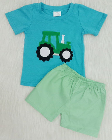 A7-15 Baby Boys Red Embroidery Tractor Summer Shorts Sets