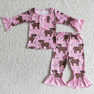 Baby Girls Pink  Bull Long Sleeve Pajamas Sets Sleepwear