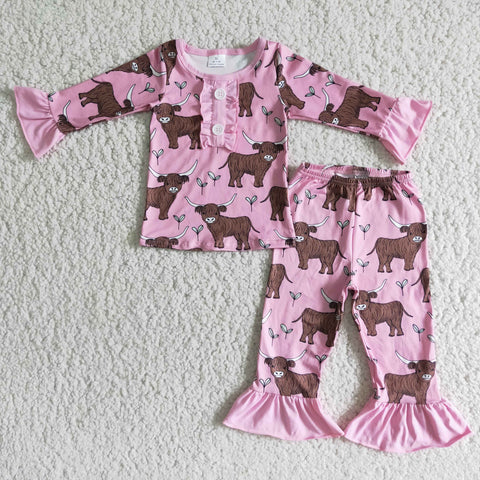 Baby Girls Pink  Bull Long Sleeve Pajamas Sets Sleepwear