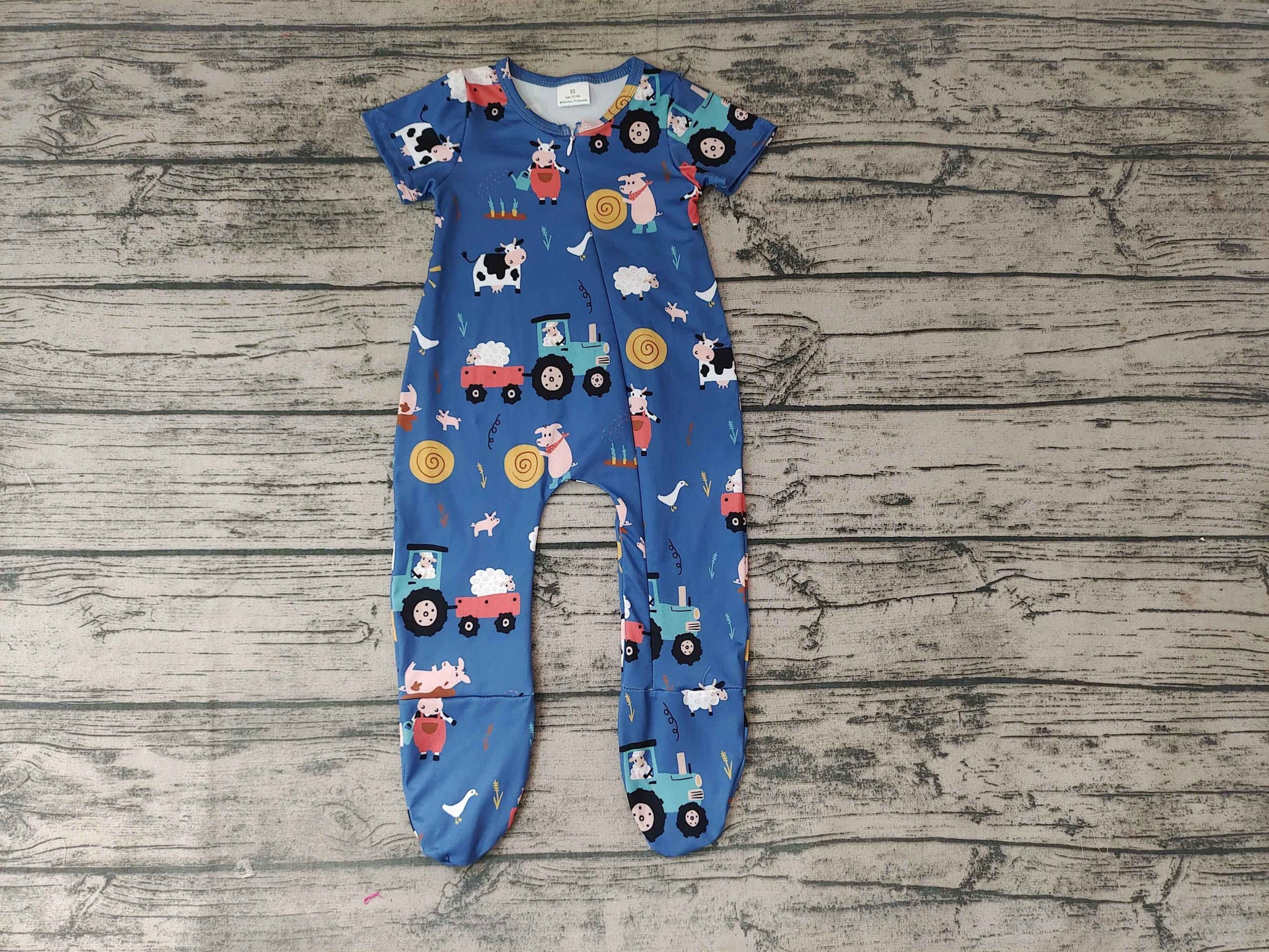 SR0141 Boys Cow Car Sun Blue Short Sleeve Onesie Romper