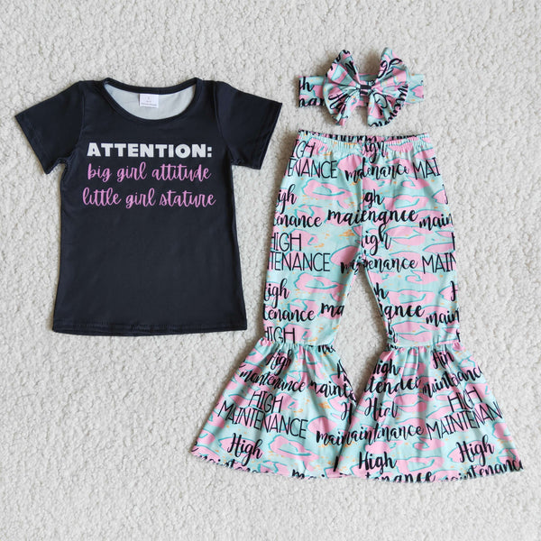Baby Little Girl Attitude Letter Short Sleeve and Bell Bottoms Pants Sets