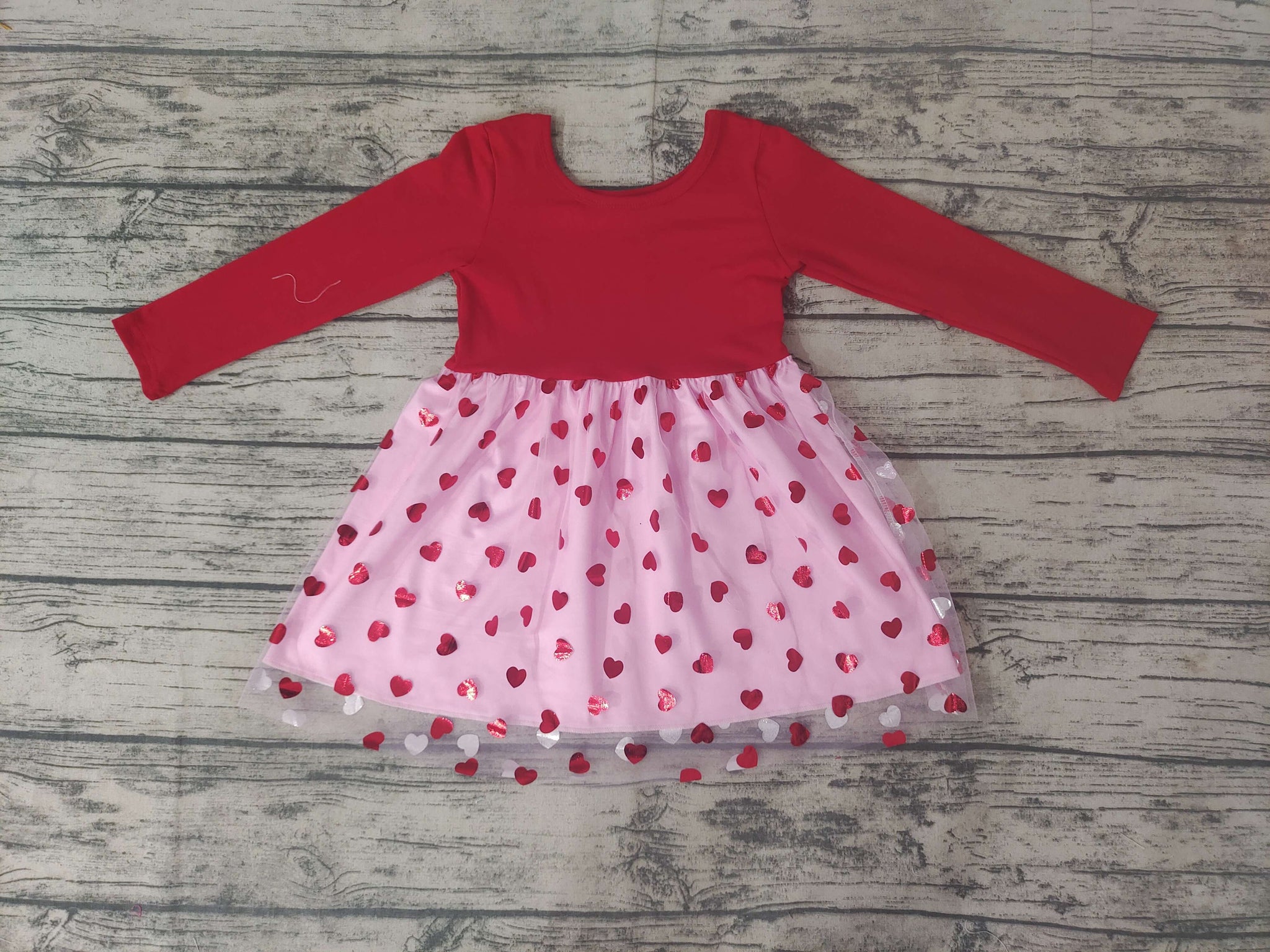 GLD0171 Girls Valentine's Day Heart Red Long Sleeve Mesh Dress