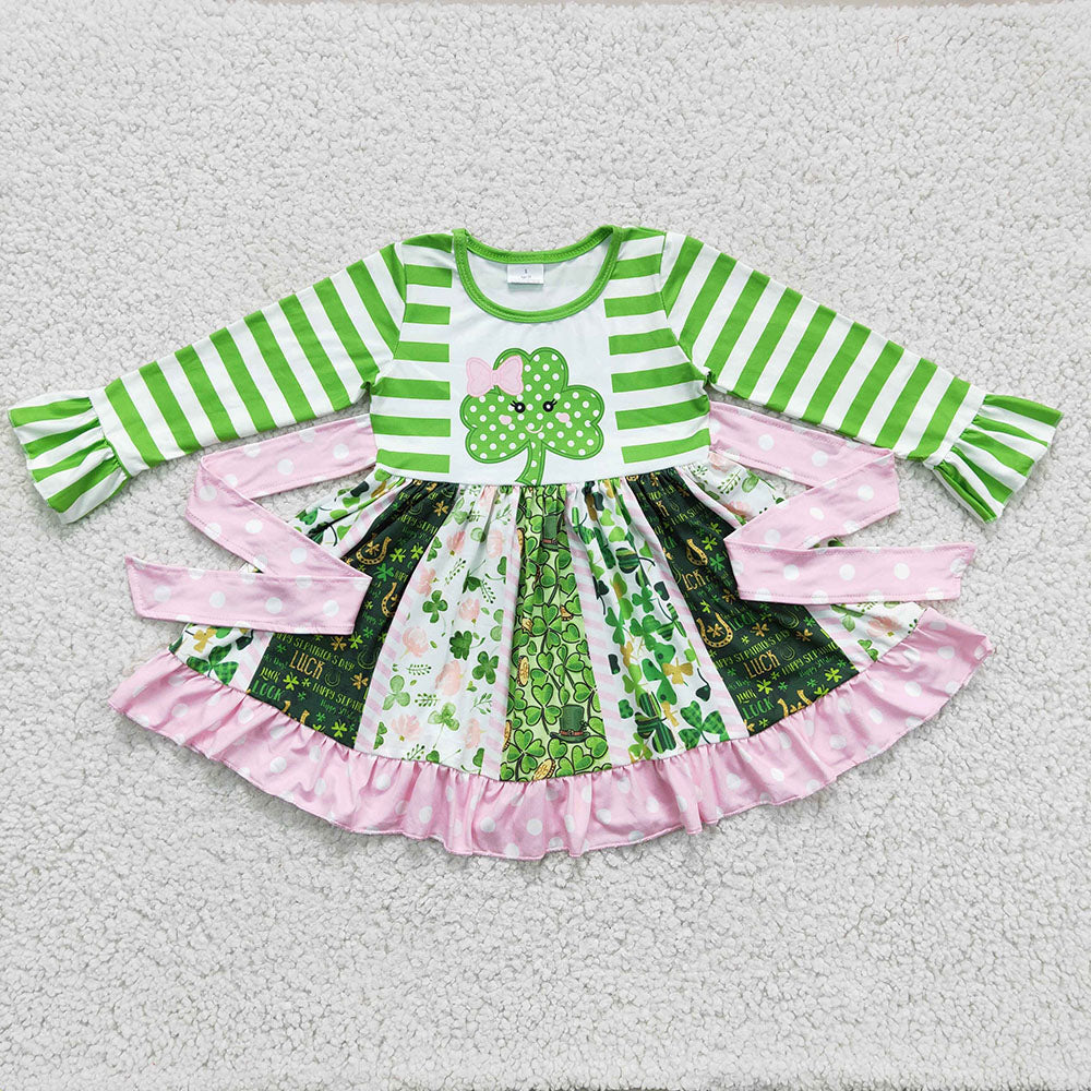 6 A23-11 St. Patrick's Day Green Clover Long Sleeve Twirl Dress