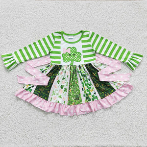 6 A23-11 St. Patrick's Day Green Clover Long Sleeve Twirl Dress
