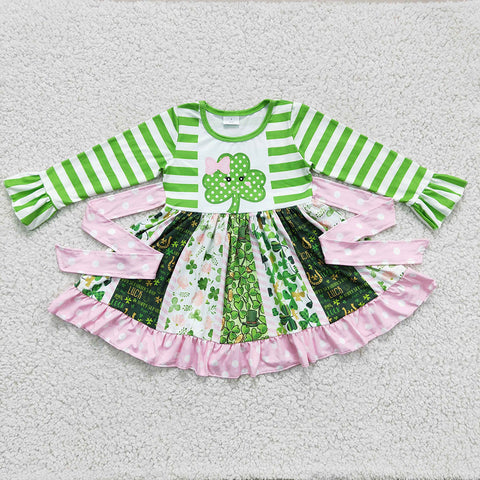 6 A23-11 St. Patrick's Day Green Clover Long Sleeve Twirl Dress