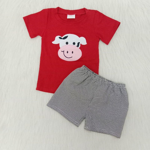 D13-1 Baby Boys Red Embroidery Cow Summer Shorts Sets