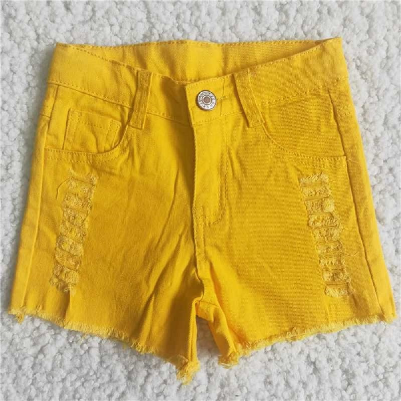 A11-12  Yellow Button Frayed Summer Denim Shorts