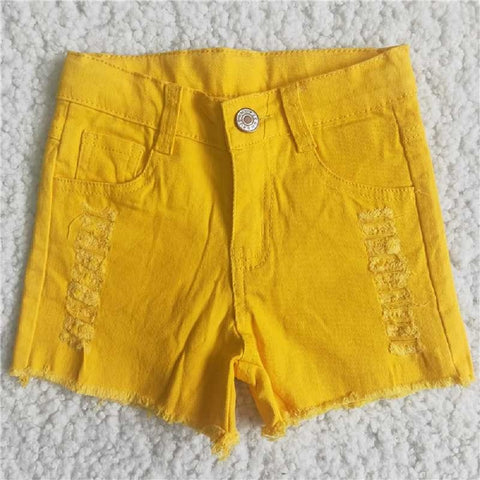 A11-12  Yellow Button Frayed Summer Denim Shorts