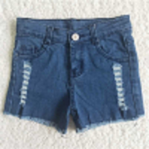 A9-16 Girls Blue Button Frayed Summer Denim Shorts