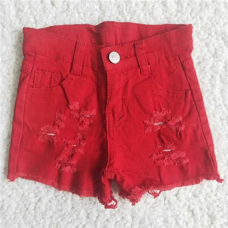 A9-20  Red Button Frayed Summer Denim Shorts