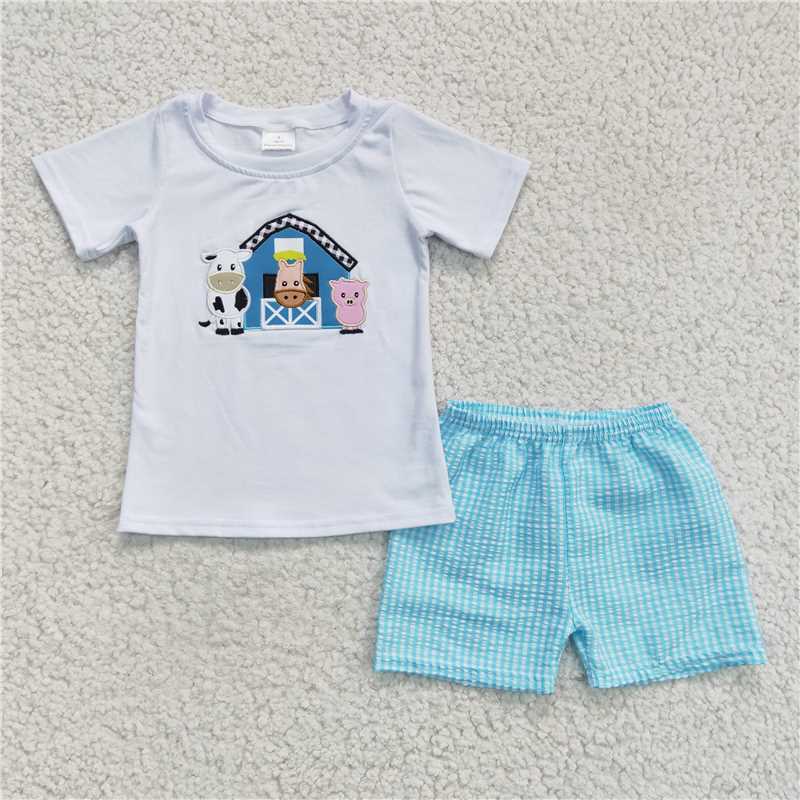 B18-12   Boys Embroidery Cow Farm White Short Sleeve Blue Check Suit