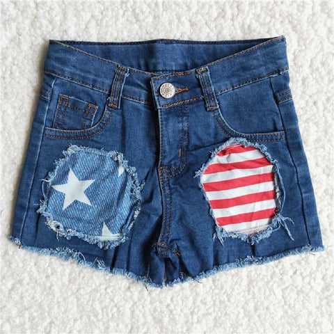 B3-10  Stars Stripe Patch Denim Shorts