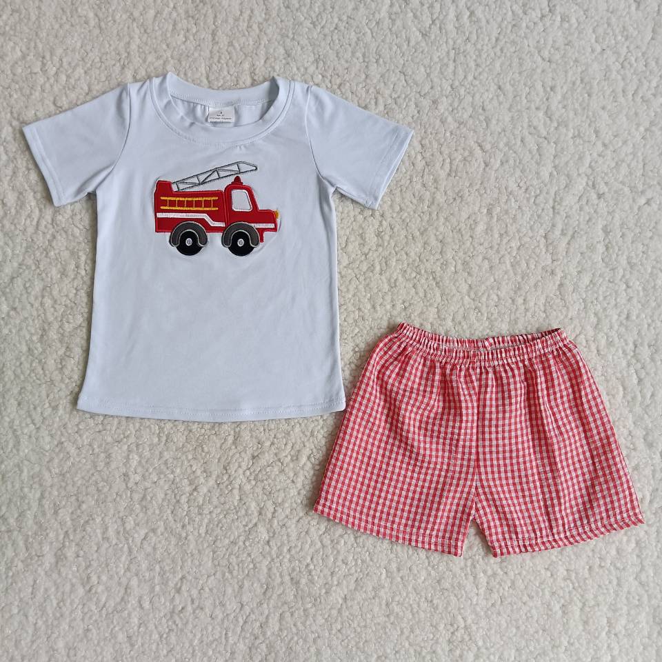 B3-13  Embroidered Fire Truck Cotton Top Plaid Pants Boys