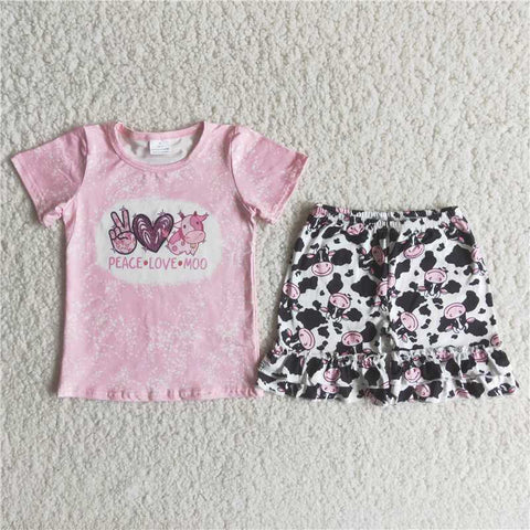 B5-3  Pink Short Sleeve Cow Spot Shorts Set