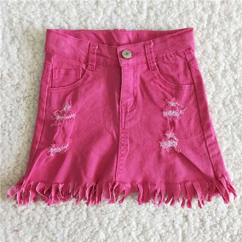 B7-3  Rose Red Frayed Fringe Denim Skirt