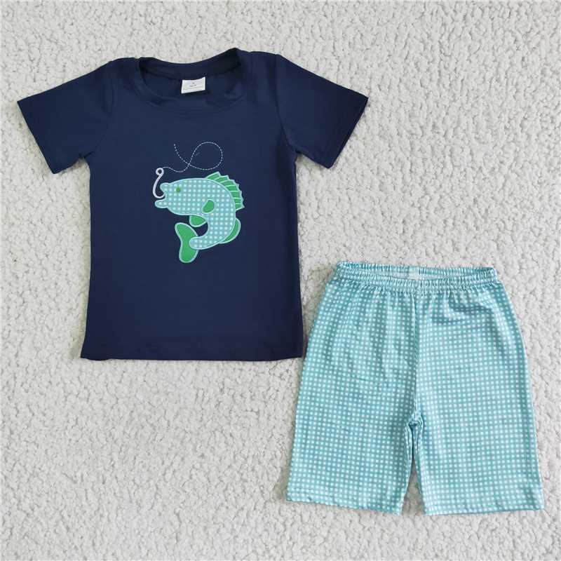 BSSO0008   Boys Embroidered Fishing Short Sleeve Blue Mesh Shorts Set