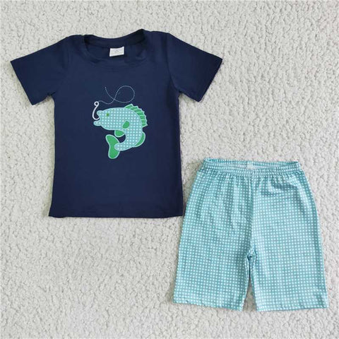 BSSO0008   Boys Embroidered Fishing Short Sleeve Blue Mesh Shorts Set