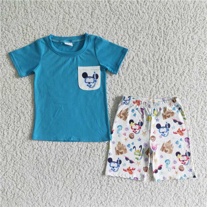 BSSO0038  Boys Blue Pocket Short Sleeve Castle Short Set