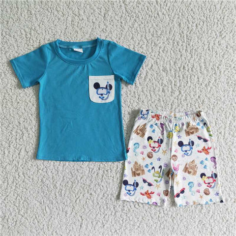 BSSO0038  Boys Blue Pocket Short Sleeve Castle Short Set
