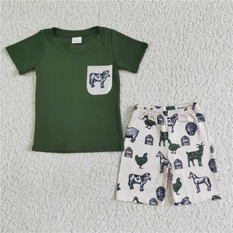 BSSO0046   Boys Green Pocket Cow Short Sleeve Farm Short Set